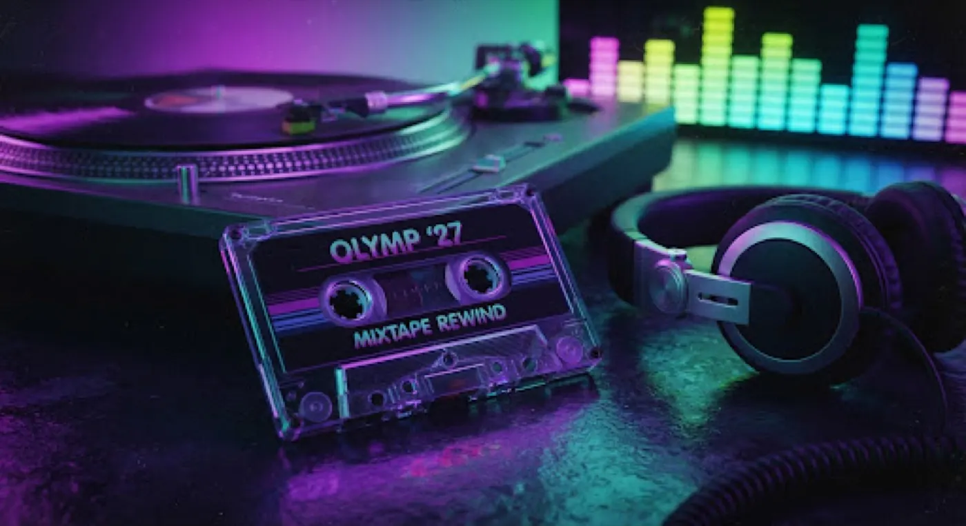 Kassette und Kopfhörer im Neonlicht